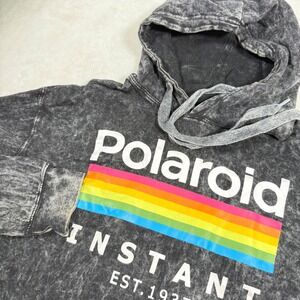 Polaroid Women Acid Wash Cropped Hoodie Gray Rainbow Graphic Sweatshirt Medium